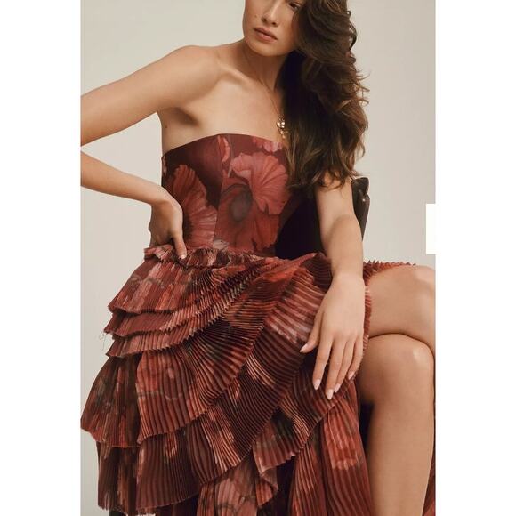 Hutch Nalina Strapless Floral Tiered Tulle Maxi Dress Wine Floral Sz XS/S NWOT - Picture 5 of 16